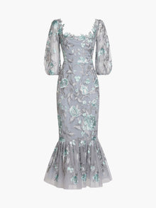 Botanist Bloom Embroidered Puff Sleeve Midi Dress