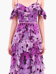 Painterly Print Georgette Off-Shoulder Gown