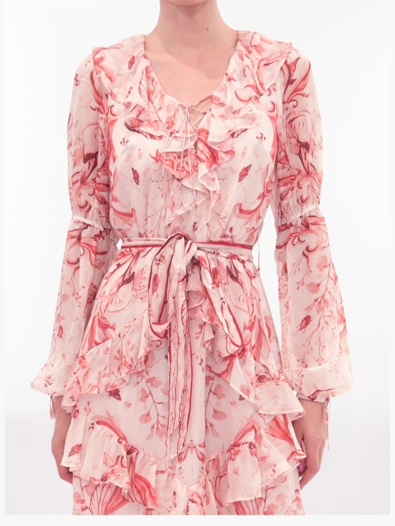 Printed Chiffon Belted Silk  Maxi Dress