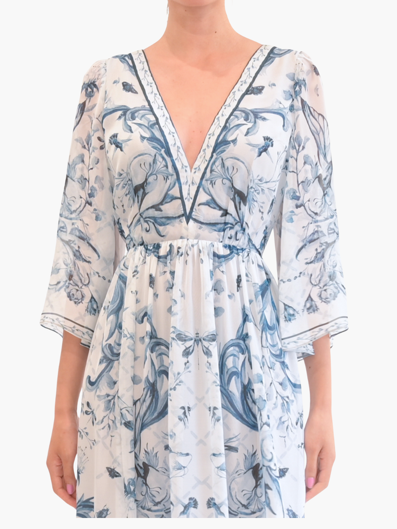 Printed Chiffon Gathered Silk Maxi Dress