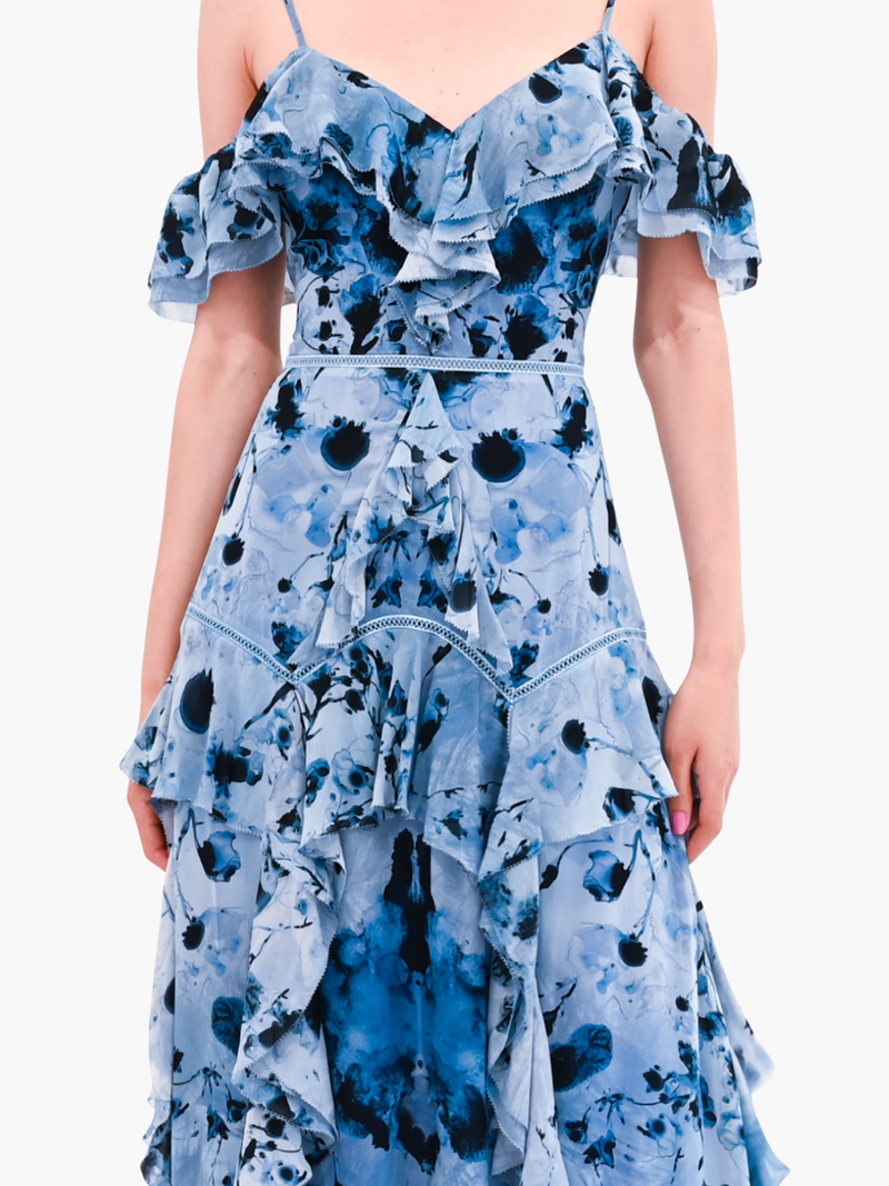 Printed Georgette Off-Shoulder Gown