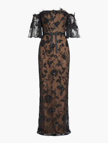 Illusion Murals Off The Shoulder Beaded Illusion Column Gown