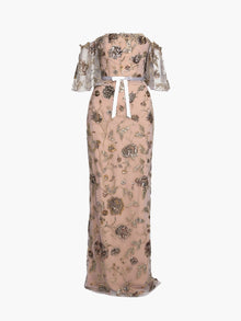 Illusion Murals Off The Shoulder Beaded Illusion Column Gown