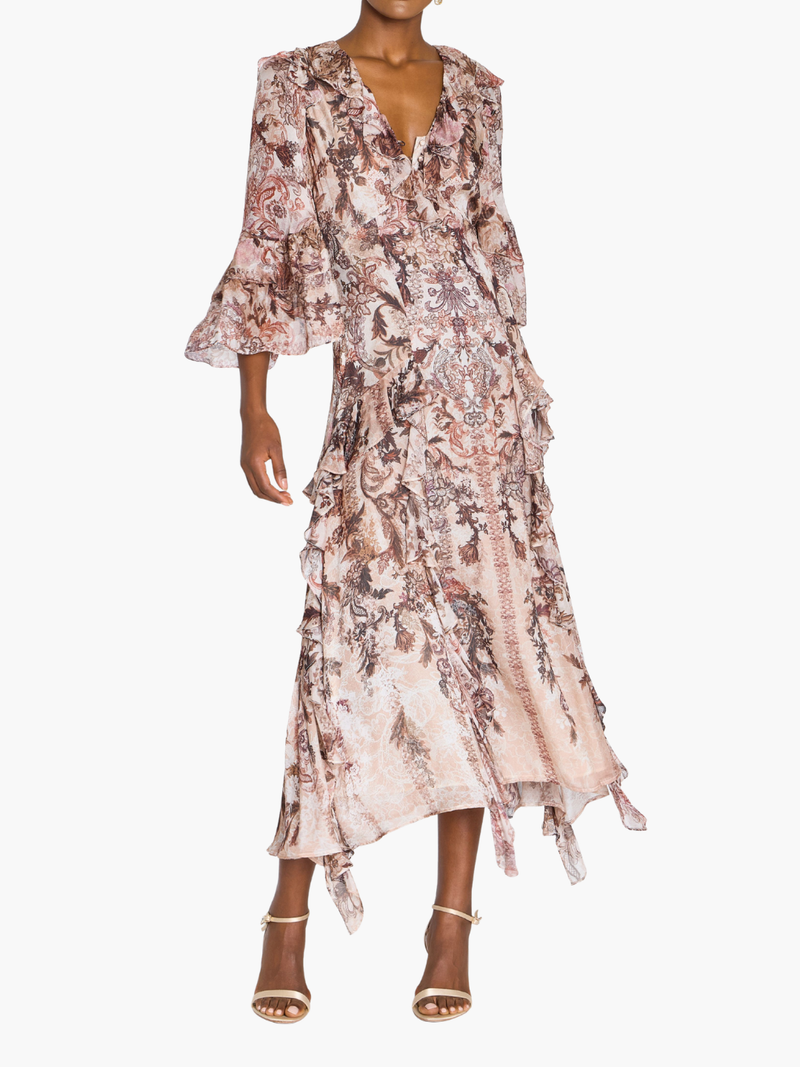 Reverie Cascading Ruffle Chiffon Midi Dress