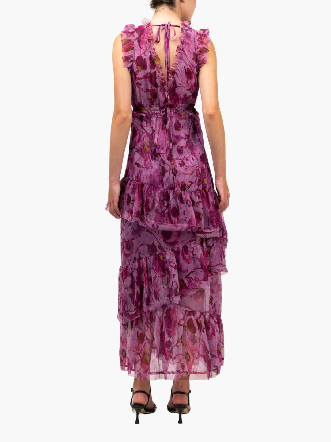 Watercolor Blooms Pleated Chiffon Maxi Dress