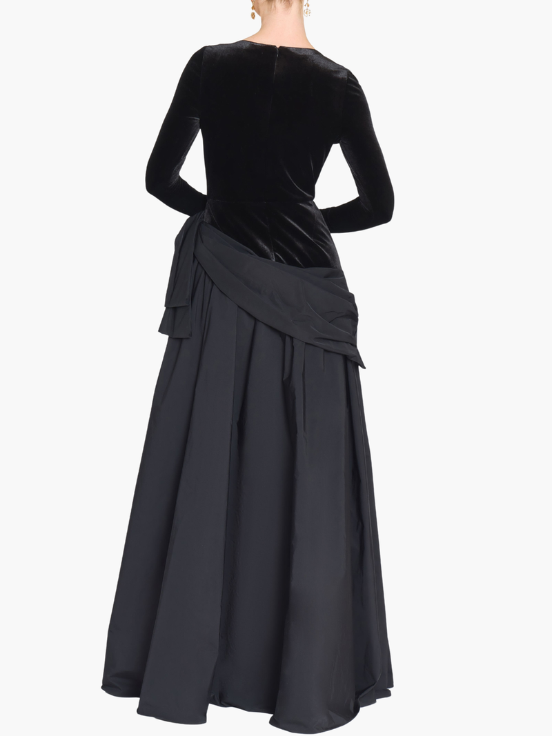Stretch Velvet Long Sleeve Draped Bow Gown
