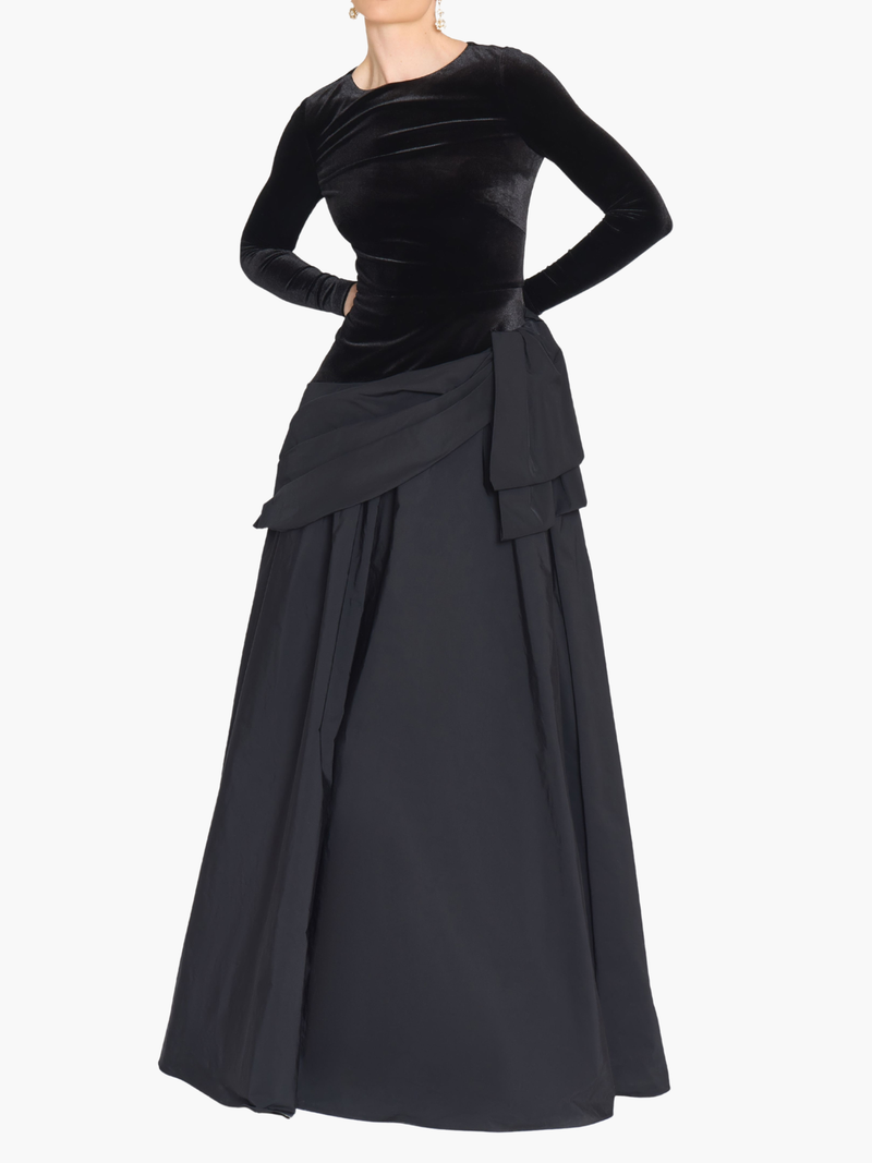 Stretch Velvet Long Sleeve Draped Bow Gown