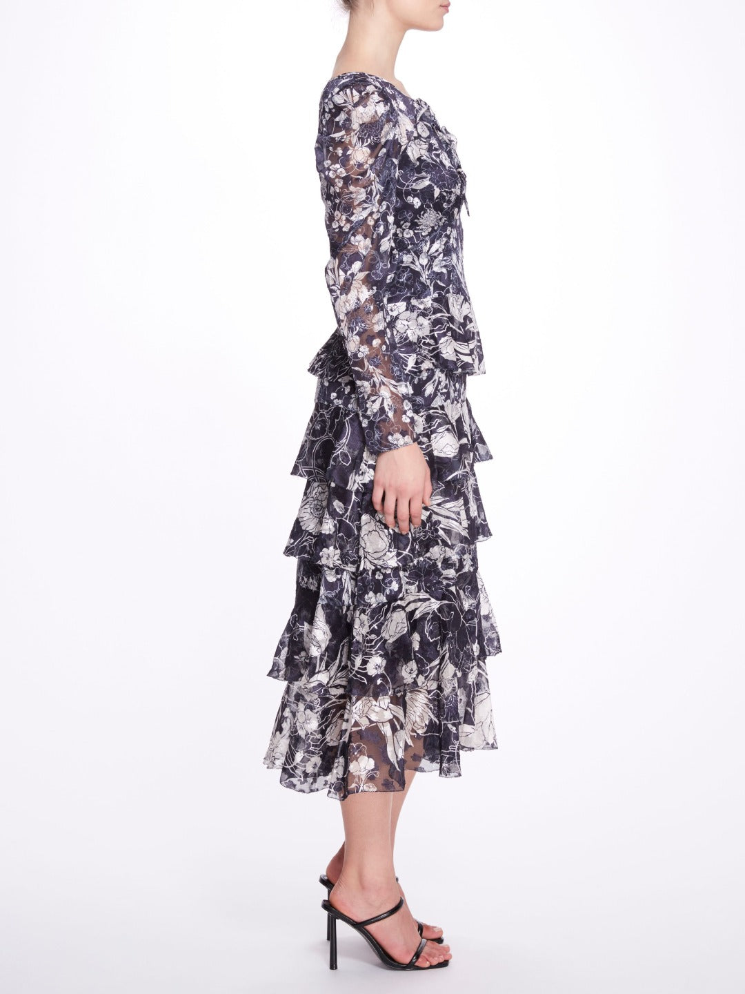 Long-Sleeved Tiered Ruffle Chiffon Maxi Dress Marchesa