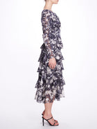 Long-Sleeved Tiered Ruffle Chiffon Maxi Dress Marchesa