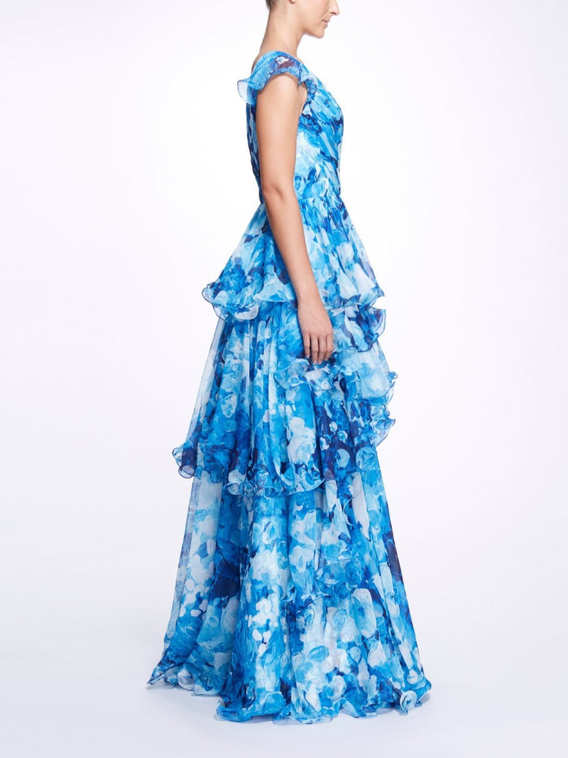 Sleeveless V-Neck Tiered Gown Marchesa