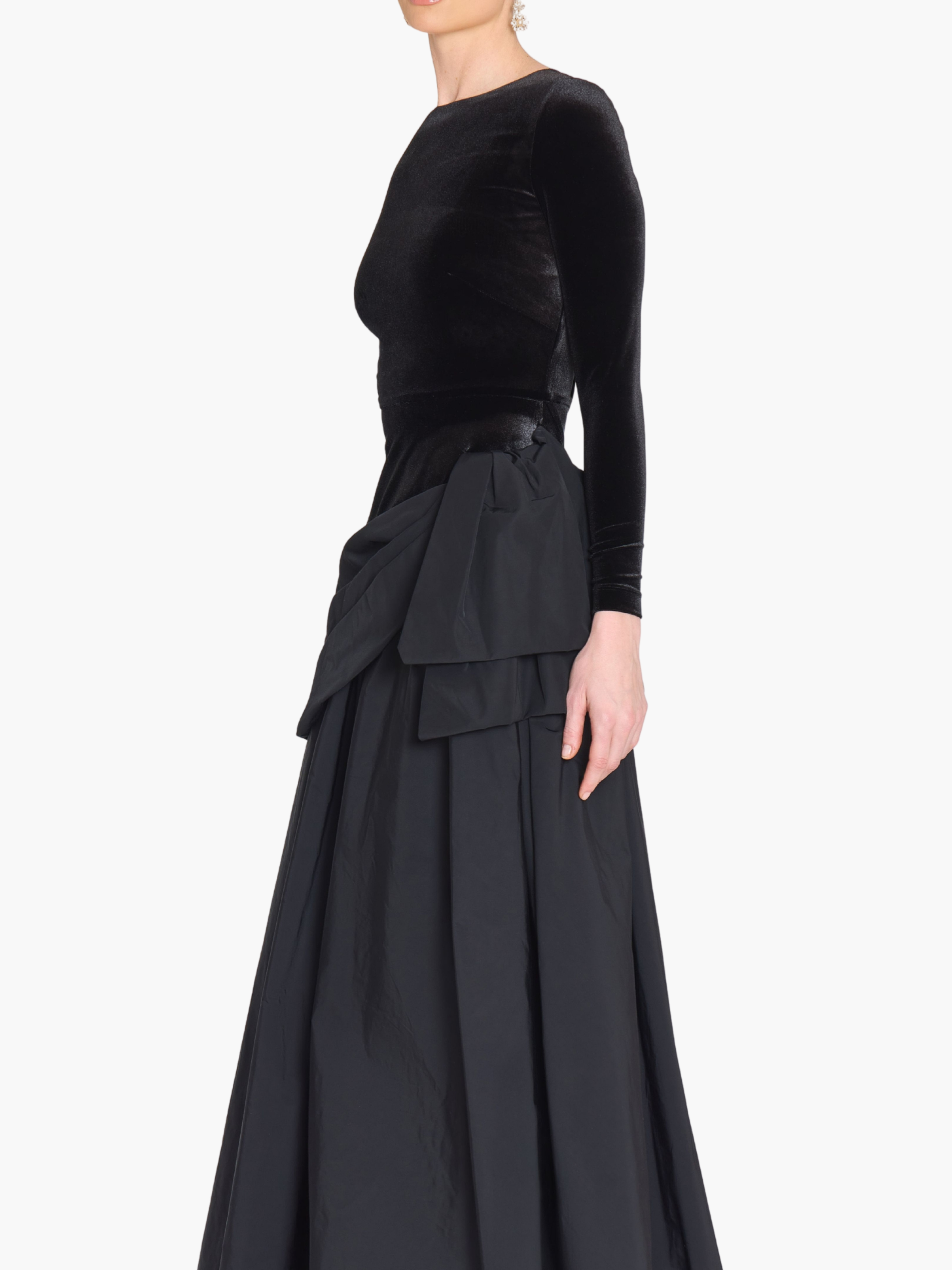 Stretch Velvet Long Sleeve Draped Bow Gown