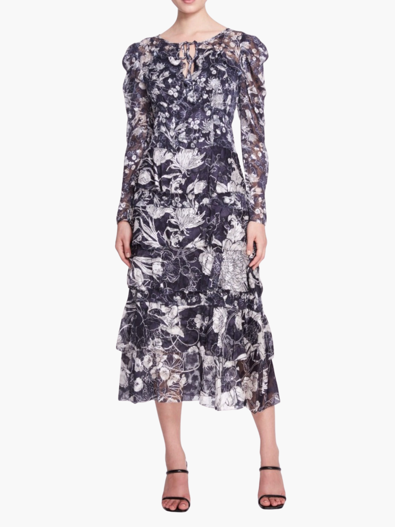 Diantha Long-Sleeved Tiered Ruffle Chiffon Midi Dress
