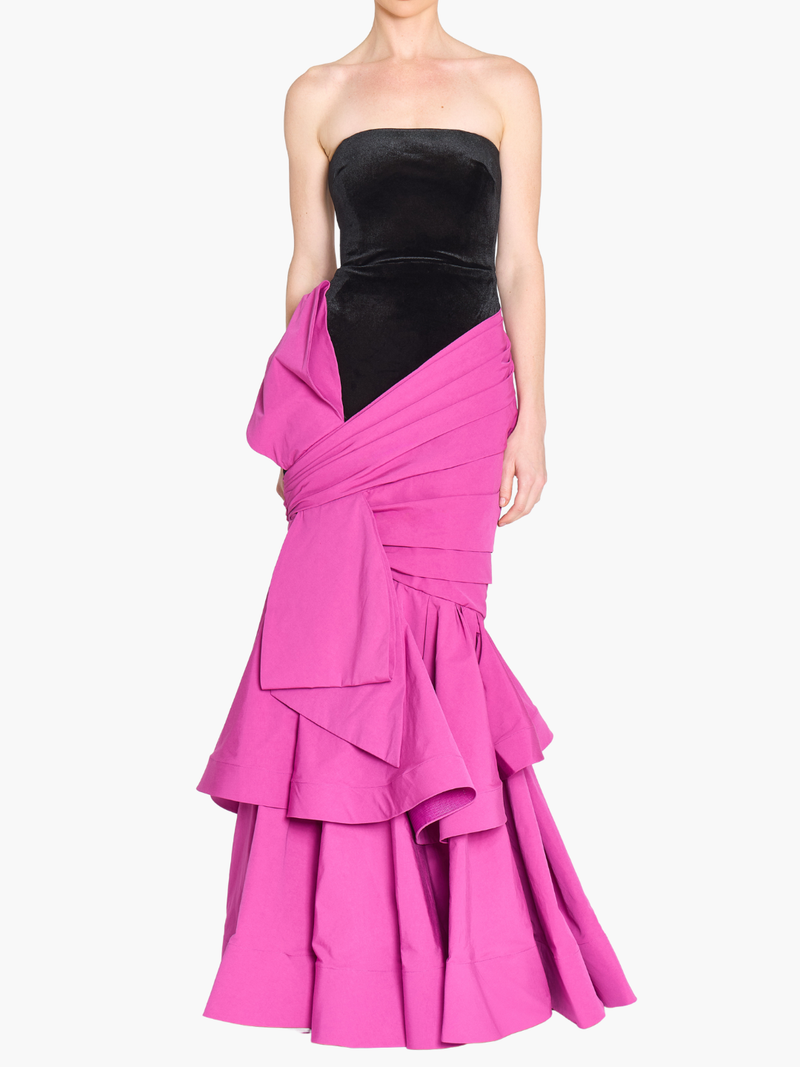 Stretch Velvet Strapless Gown With Draped Cotton Structure