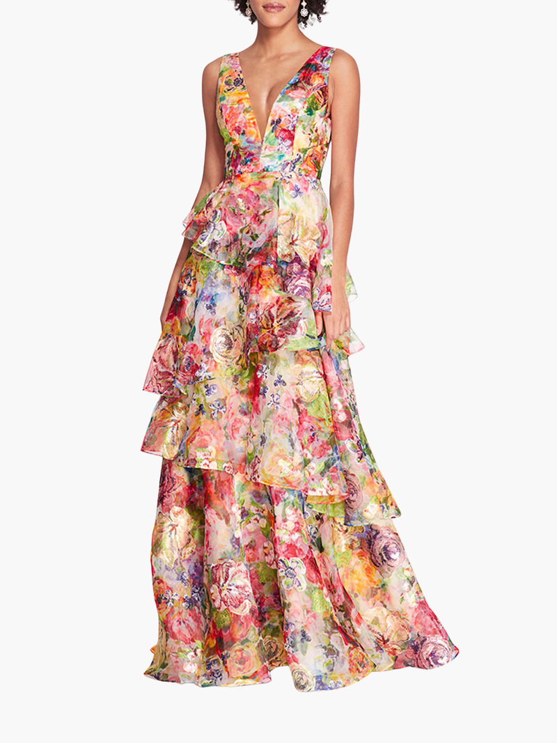Embroidered Organza V-Neck Gown
