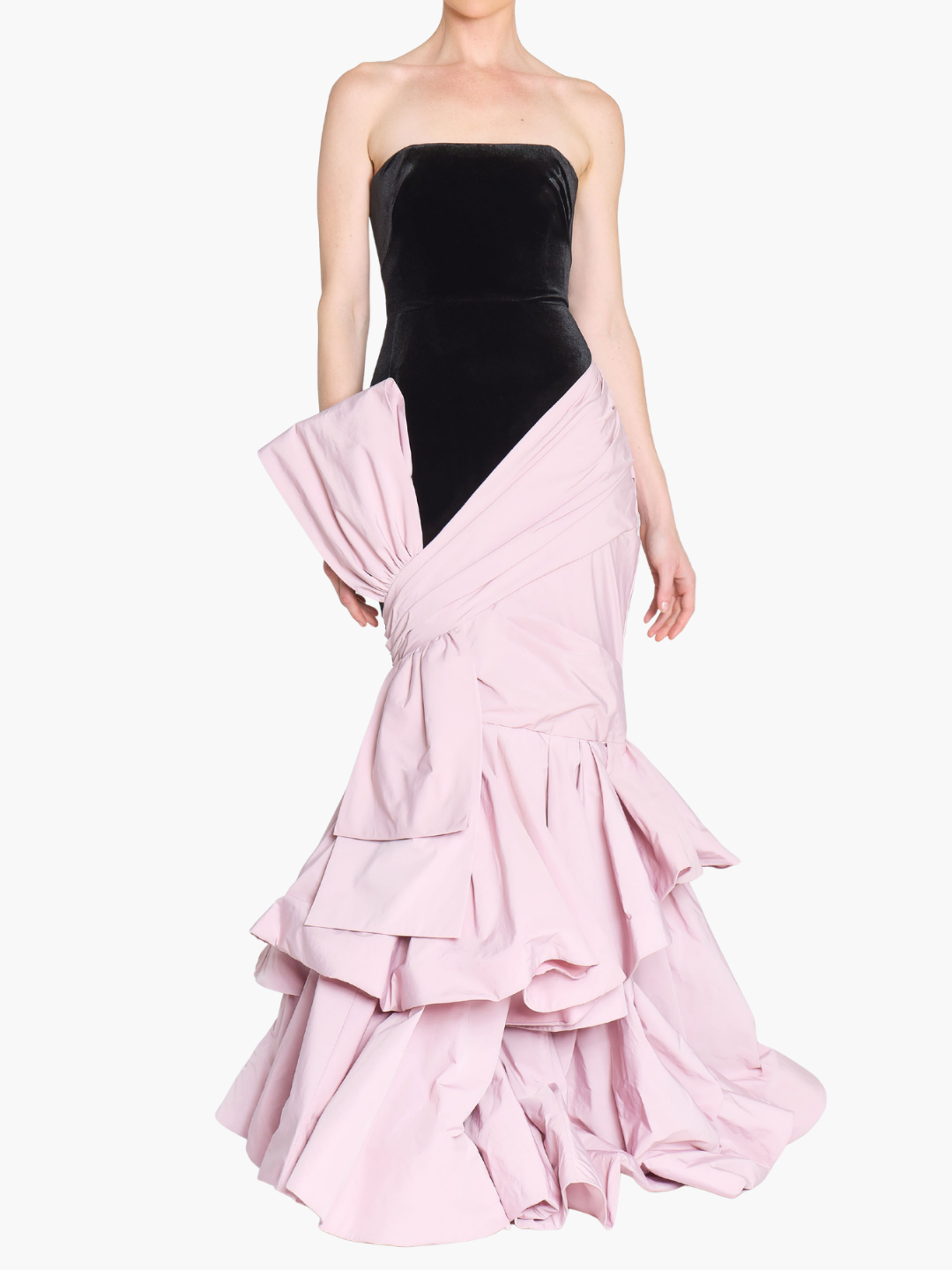 Stretch Velvet Strapless Gown With Draped Cotton Structure