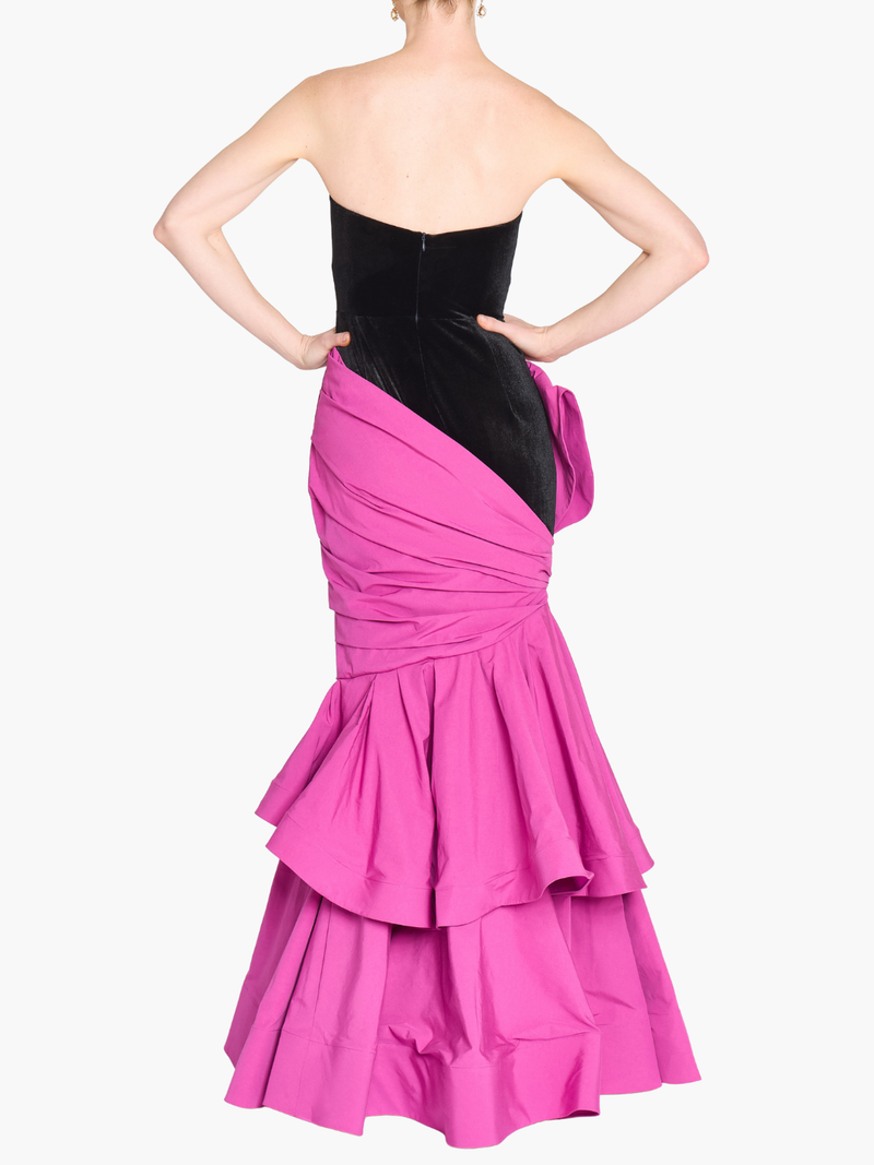 Stretch Velvet Strapless Gown With Draped Cotton Structure