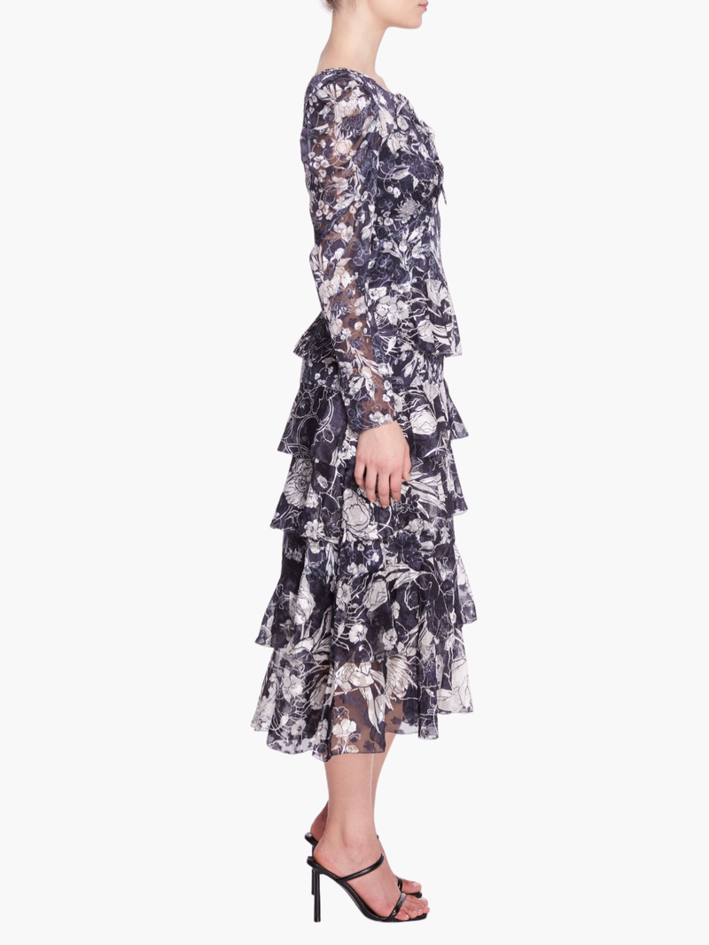 Diantha Long-Sleeved Tiered Ruffle Chiffon Midi Dress