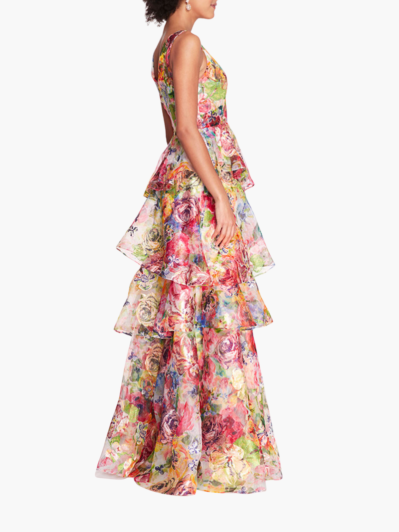 Embroidered Organza V-Neck Gown