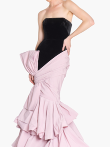 Stretch Velvet Strapless Gown With Draped Cotton Structure