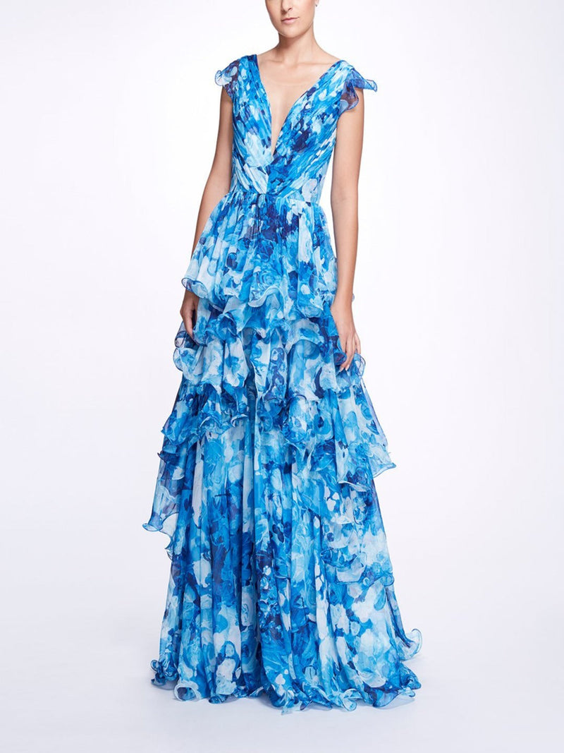 Sleeveless V-Neck Tiered Gown Marchesa