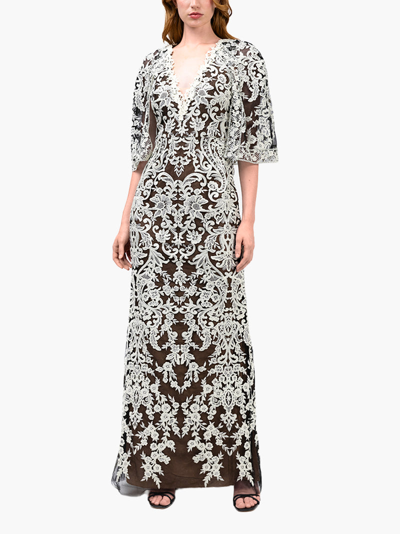 Mirrored Lace Floral Cape Sleeve Gown