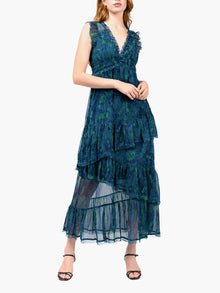 Watercolor Blooms Pleated Chiffon Maxi Dress