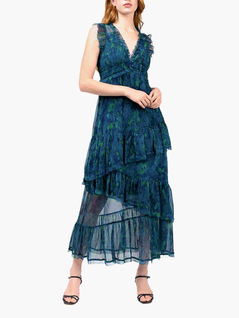Watercolor Blooms Pleated Chiffon Maxi Dress