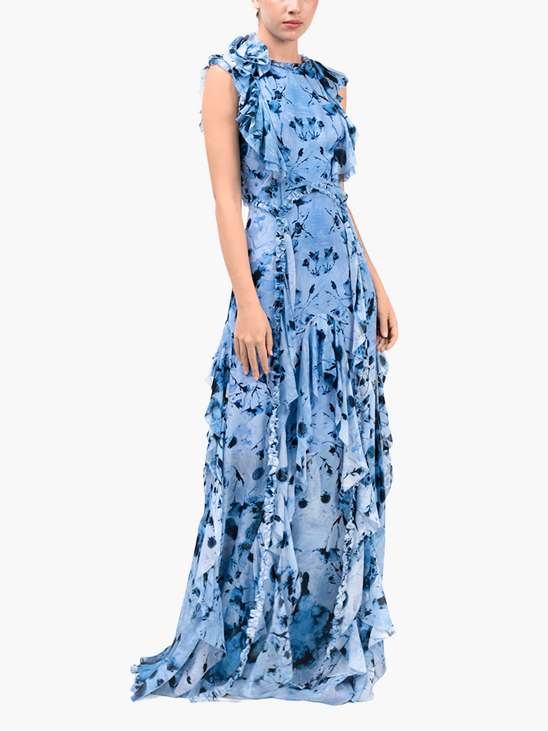 Painterly Print Sleeveless Georgette Gown