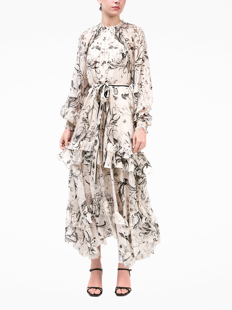 Swan Print Chiffon Ruffle Maxi Dress