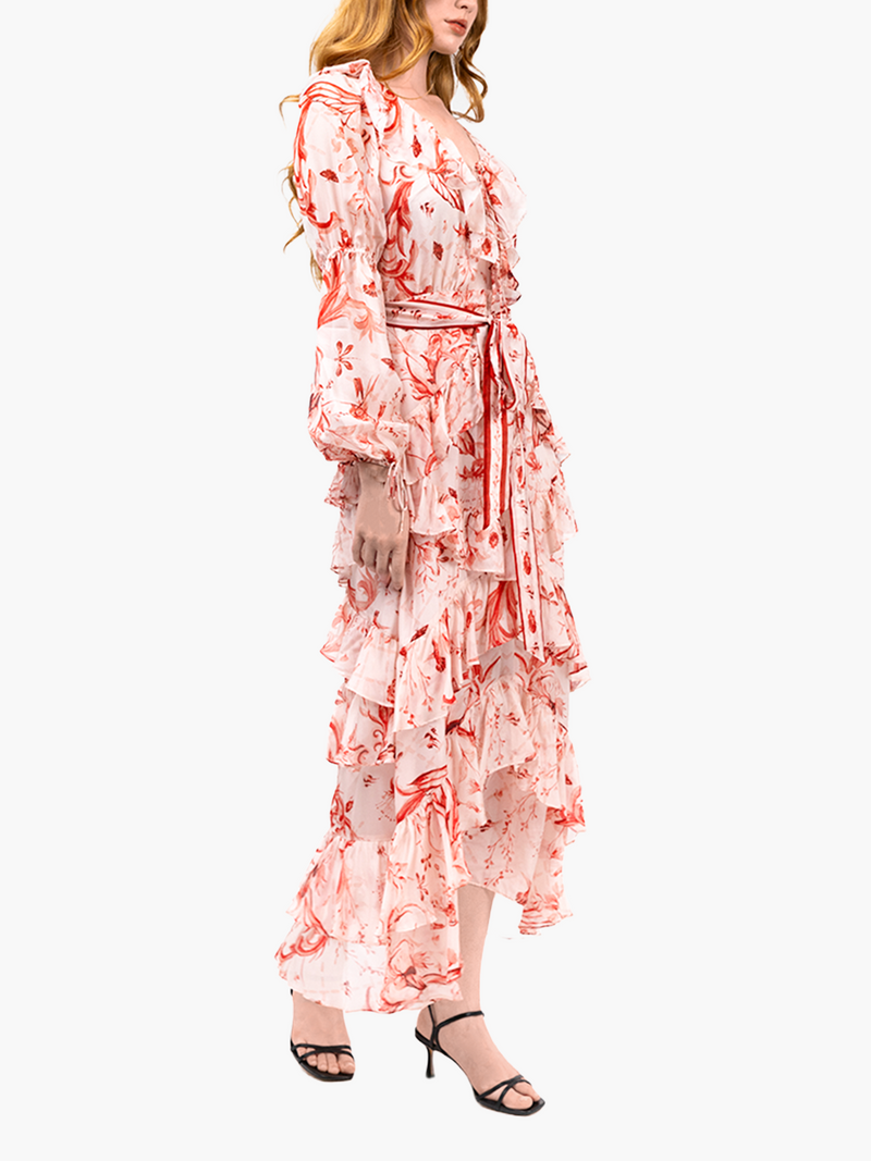 Swan Print Chiffon Belted Silk  Maxi Dress