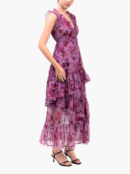 purple and pink maxi dress Marchesa Notte Pleated Chiffon V-Neck glitter velvet Size:S: Y 3.5-5.5 it ensures comfort while Glamorous Turquoise Sequin Fringe