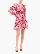Watercolor Blooms Pleated Long Sleeve Chiffon Mini Dress