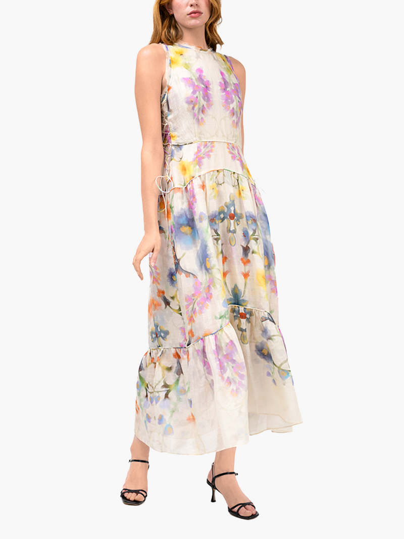 Ramie High Neck Tiered Maxi Dress