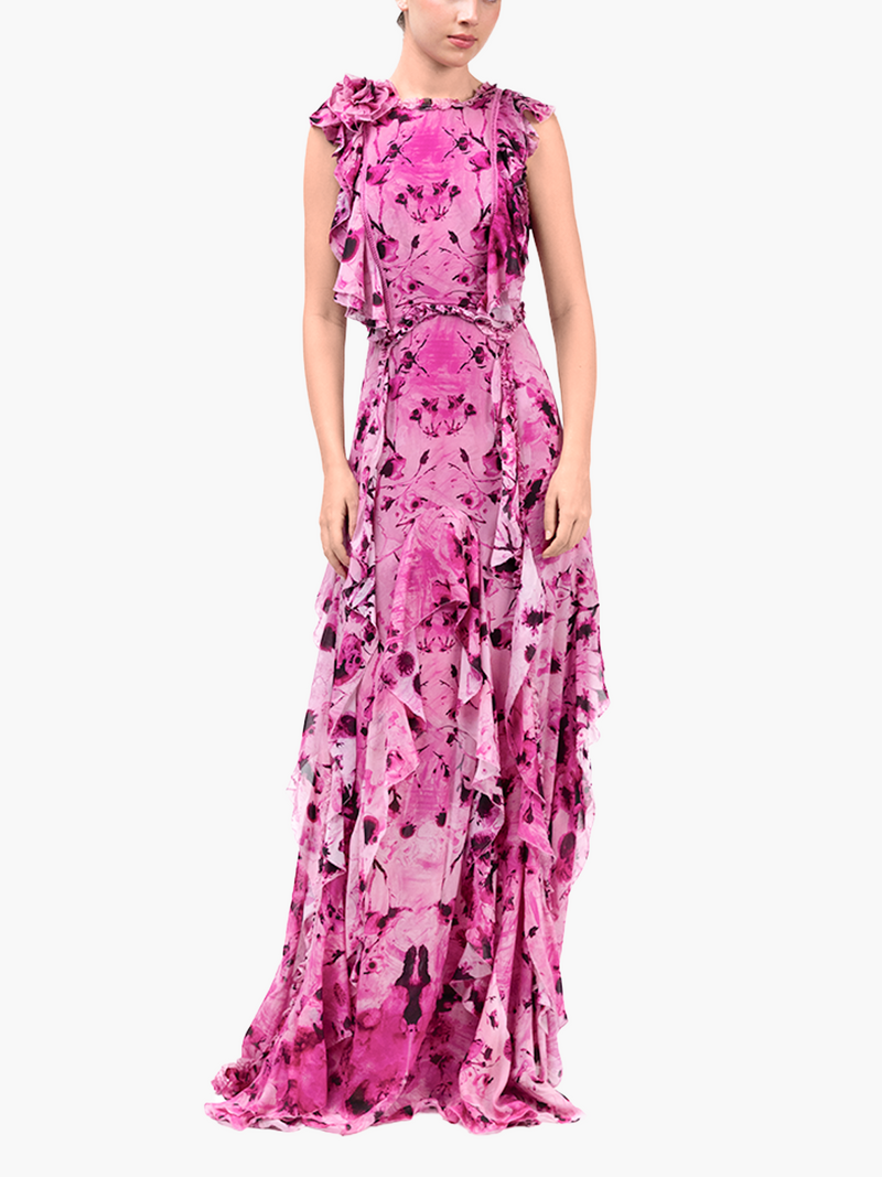 Painterly Print Sleeveless Georgette Gown