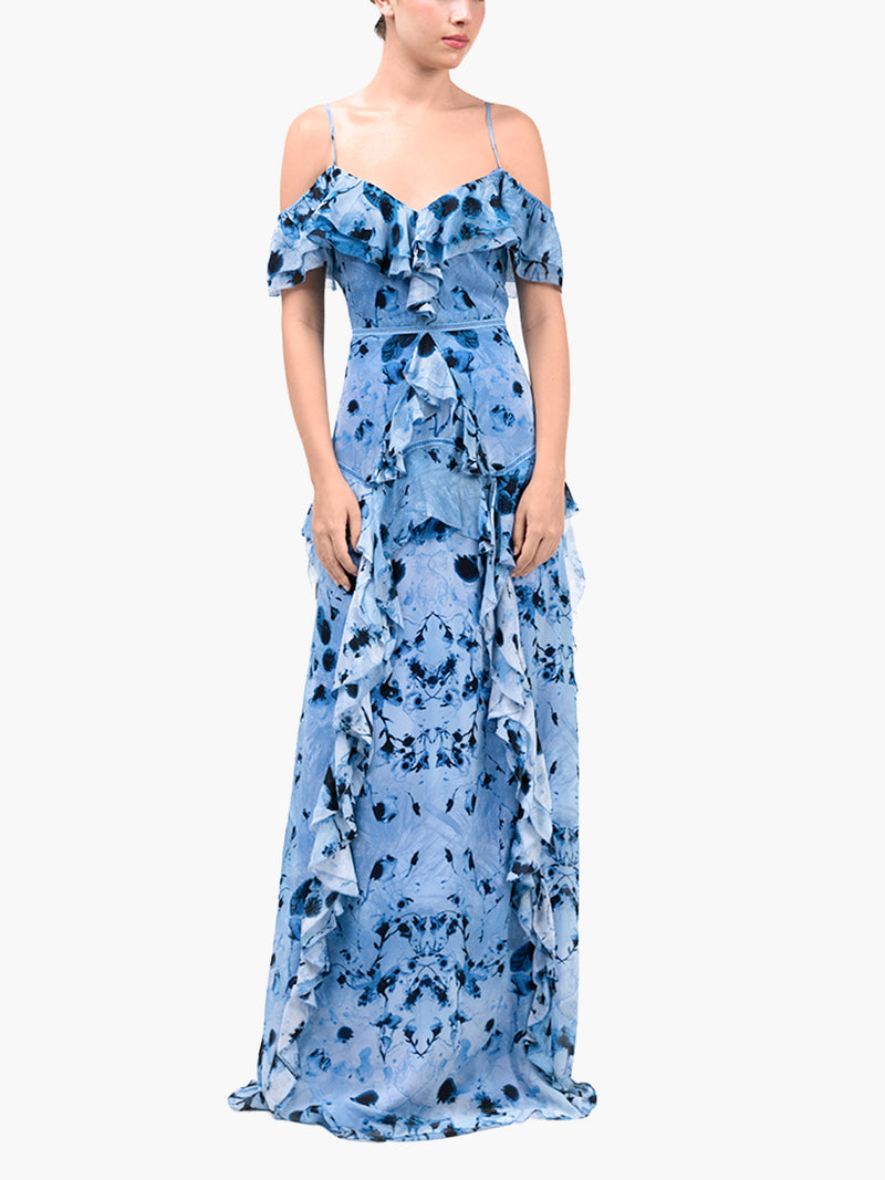 Painterly Print Georgette Off-Shoulder Gown