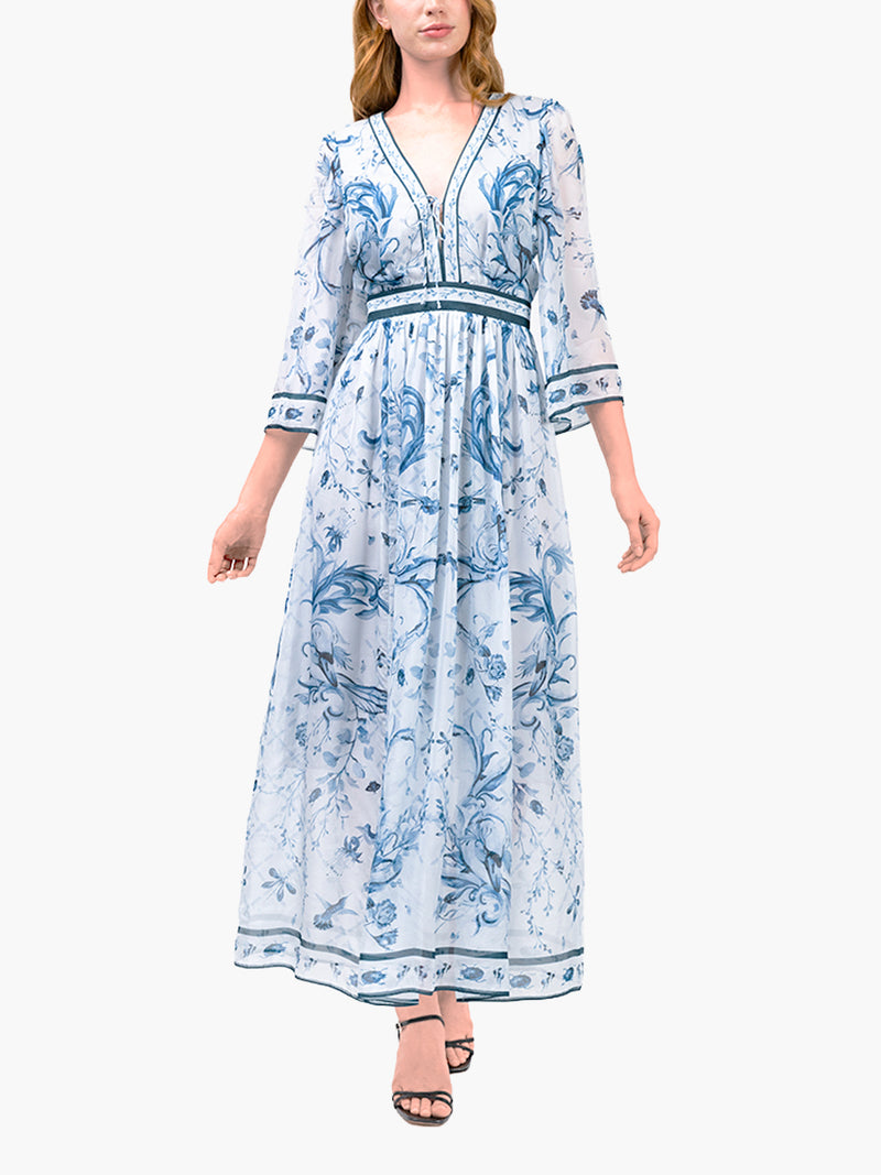 Swan Print Chiffon Gathered Maxi Dress