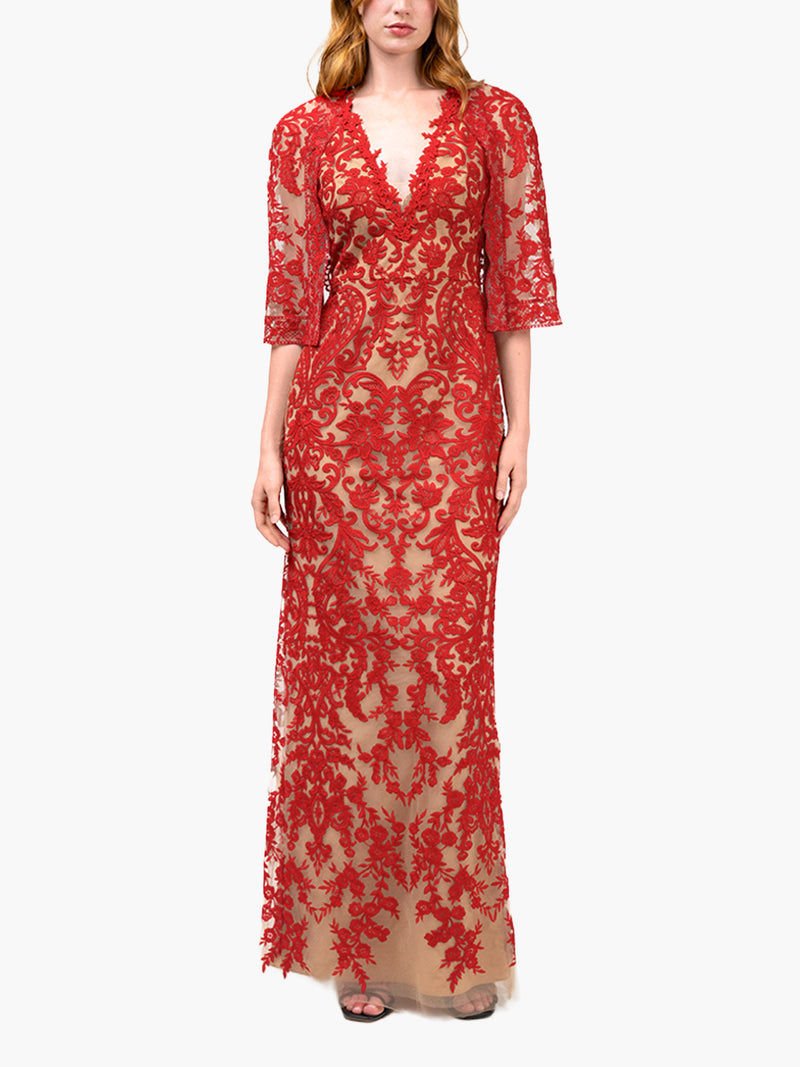 Mirrored Lace Floral Cape Sleeve Gown