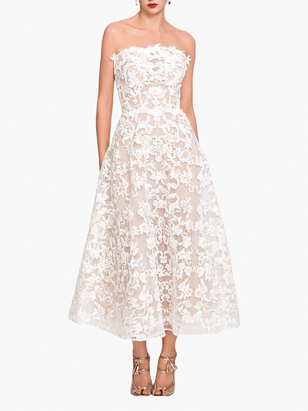 marchesa bow lace details strapless dress Corded Midi Ivory / 12 / NB16M3798 Waist-Tie Balloon Sleeve Satin 2121 Dress Collections Size:tall -extra large