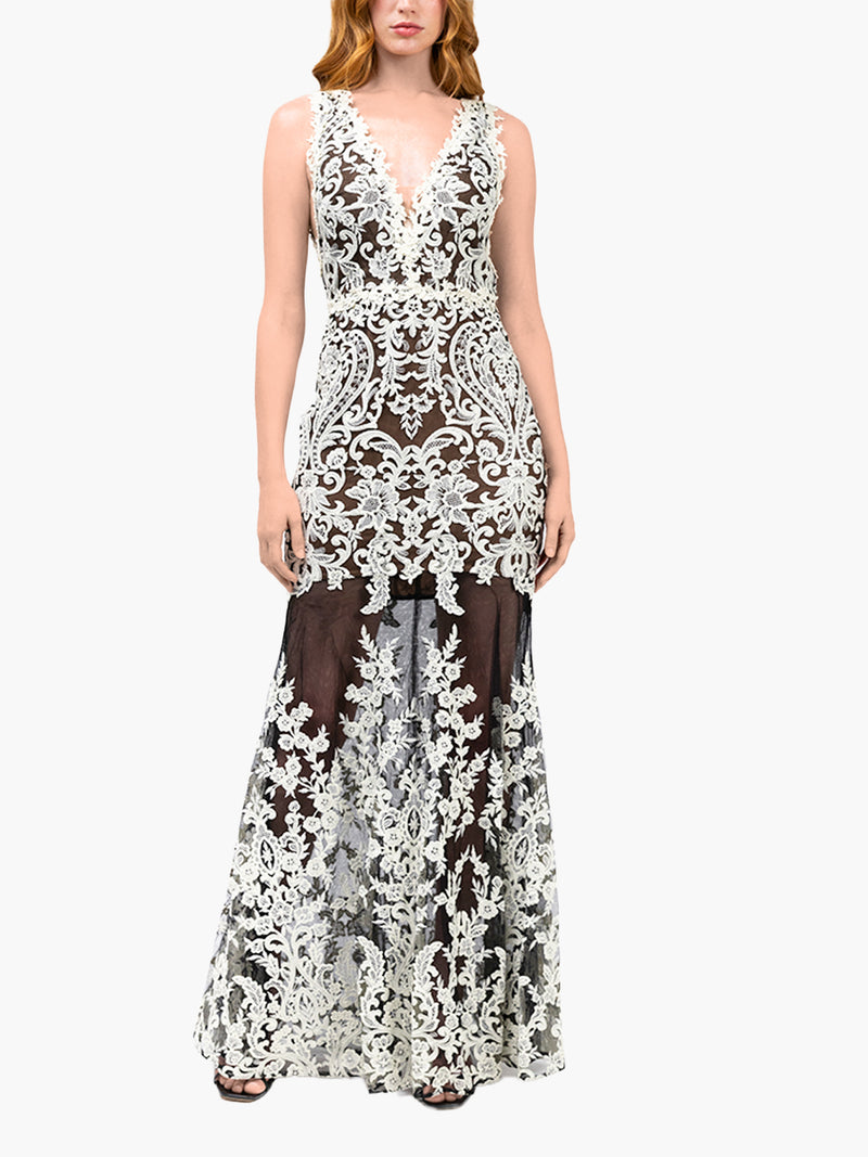 Mirrored Lace Floral Sleeveless Gown