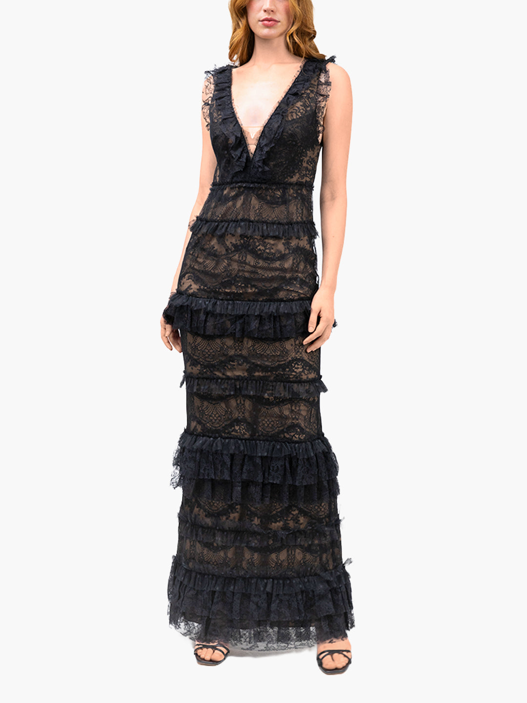 Marchesa Notte Chantilly Lace Gown, 14 / Black