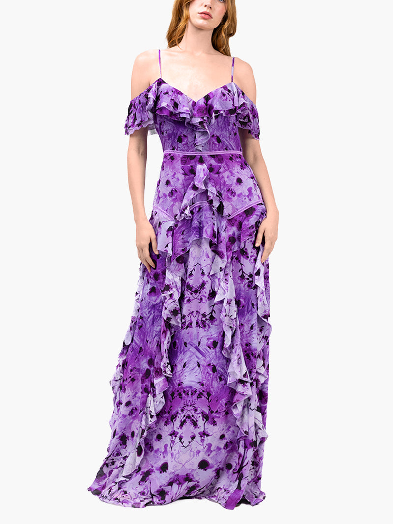 Painterly Print Georgette Off-Shoulder Gown