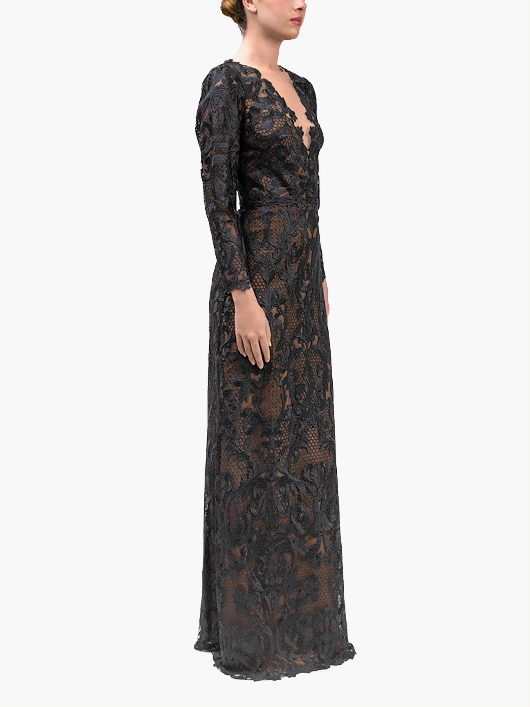 long sleeve black lace maxi dress Marchesa Notte Gown