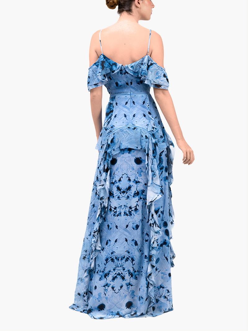 Painterly Print Georgette Off-Shoulder Gown