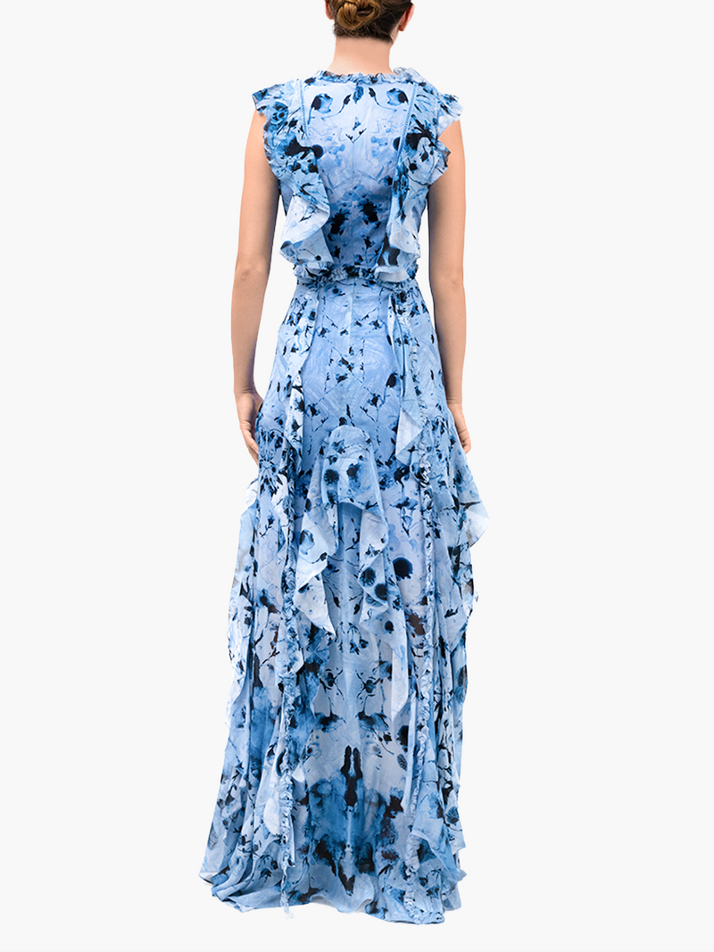 Painterly Print Sleeveless Georgette Gown