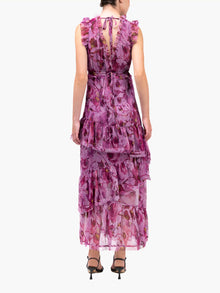 Watercolor Blooms Pleated Chiffon Maxi Dress