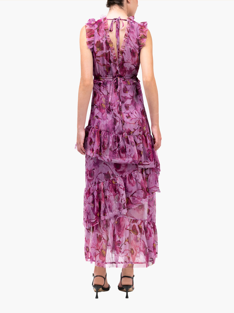 Watercolor Blooms Pleated Chiffon Maxi Dress
