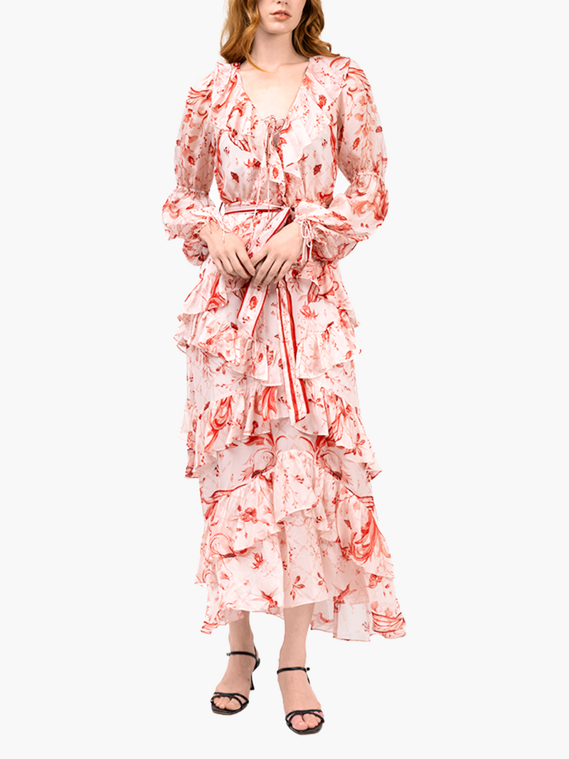 Swan Print Chiffon Belted Silk  Maxi Dress