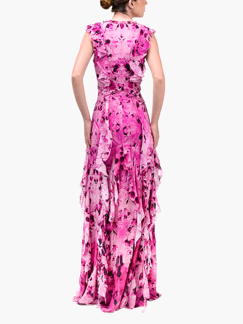 Painterly Print Sleeveless Georgette Gown
