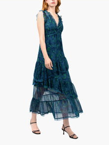 Watercolor Blooms Pleated Chiffon Maxi Dress