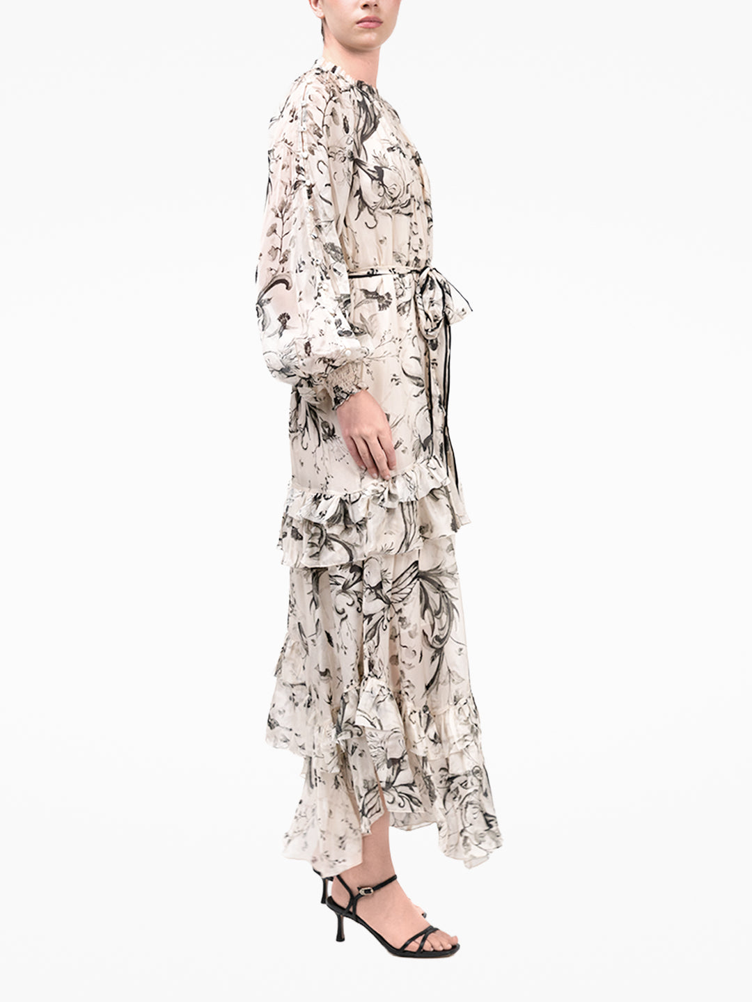 Swan Print Chiffon Belted Maxi Dress